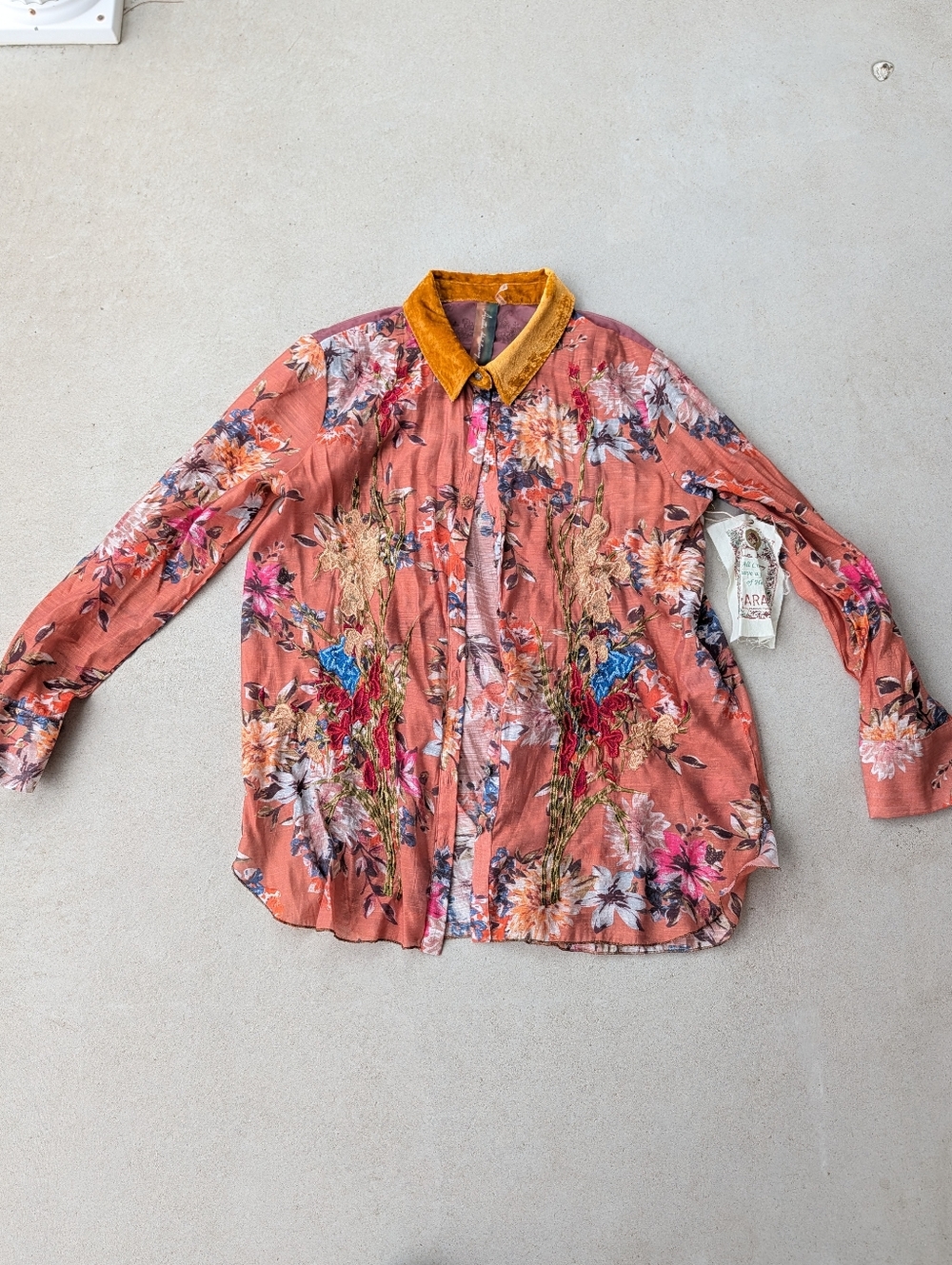 Aratta Clothing Gardenia Embroidered Button Down Shirt Floral Velvet Boho